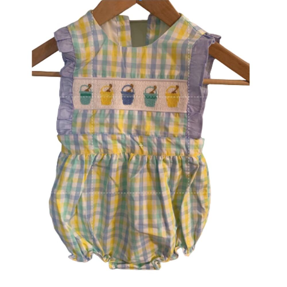 Smockingbird 3T Beach Sand Buckets Embroidered Gingham Romper One-Piece NWOT